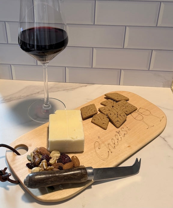 Small Beech Wood Charcuterie Board with engraving of wine glasses and Cheers!