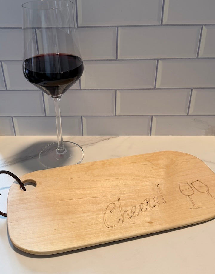 Small Beech Wood Charcuterie Board with engraving of wine glasses and Cheers!
