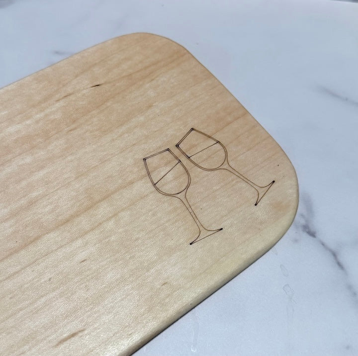 Small Beech Wood Charcuterie Board with engraving of wine glasses