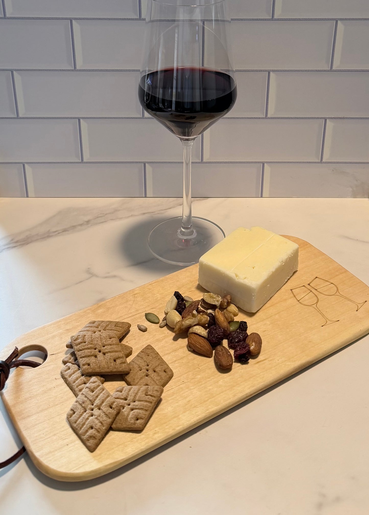Small Beech Wood Charcuterie Board with engraving of wine glasses